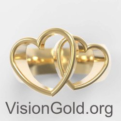 Ασημένιο Γυναικείο Δαχτυλίδι Με Σχέδιο Διπλή Καρδιά Σε Κίτρινο