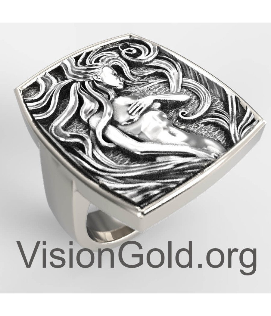 Vintage Boho Large Ring Unisex Silver With Woman Design 0772L