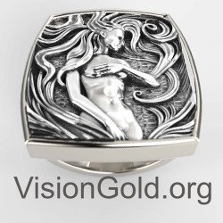 Vintage Boho Large Ring Unisex Silver With Woman Design 0772L