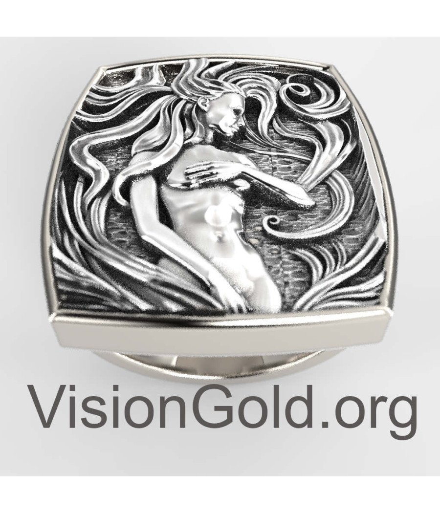 Vintage Boho Large Ring Unisex Silver With Woman Design 0772L