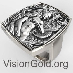 Vintage Boho Large Ring Unisex Silver With Woman Design 0772L