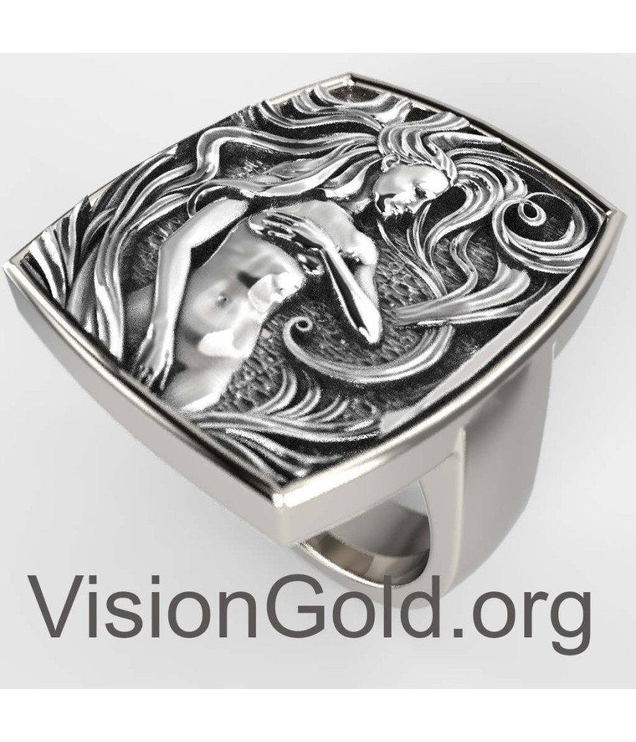 Vintage Boho Large Ring Unisex Silver With Woman Design 0772L