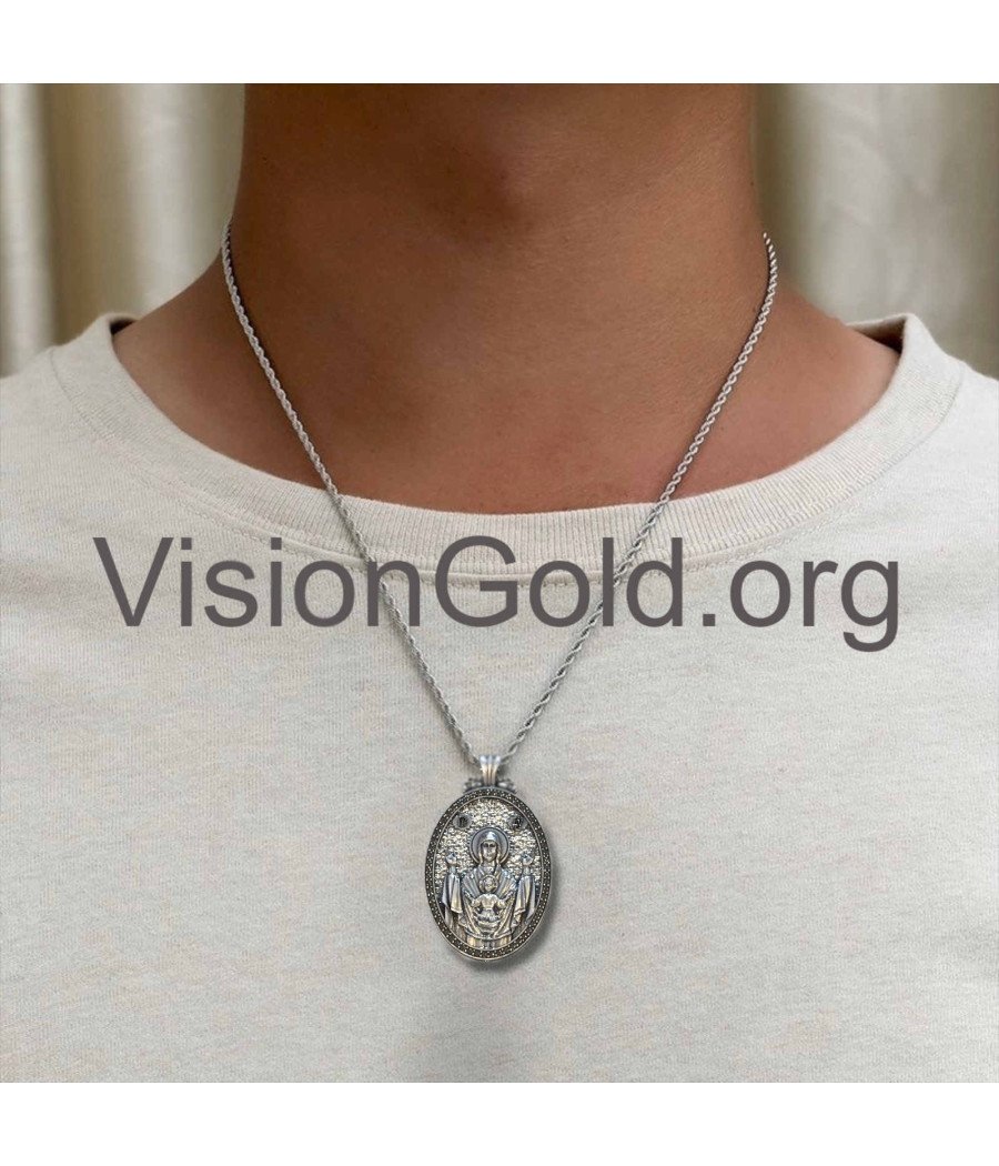 Collar para hombre de plata de ley con la Virgen María y el Niño Jesús