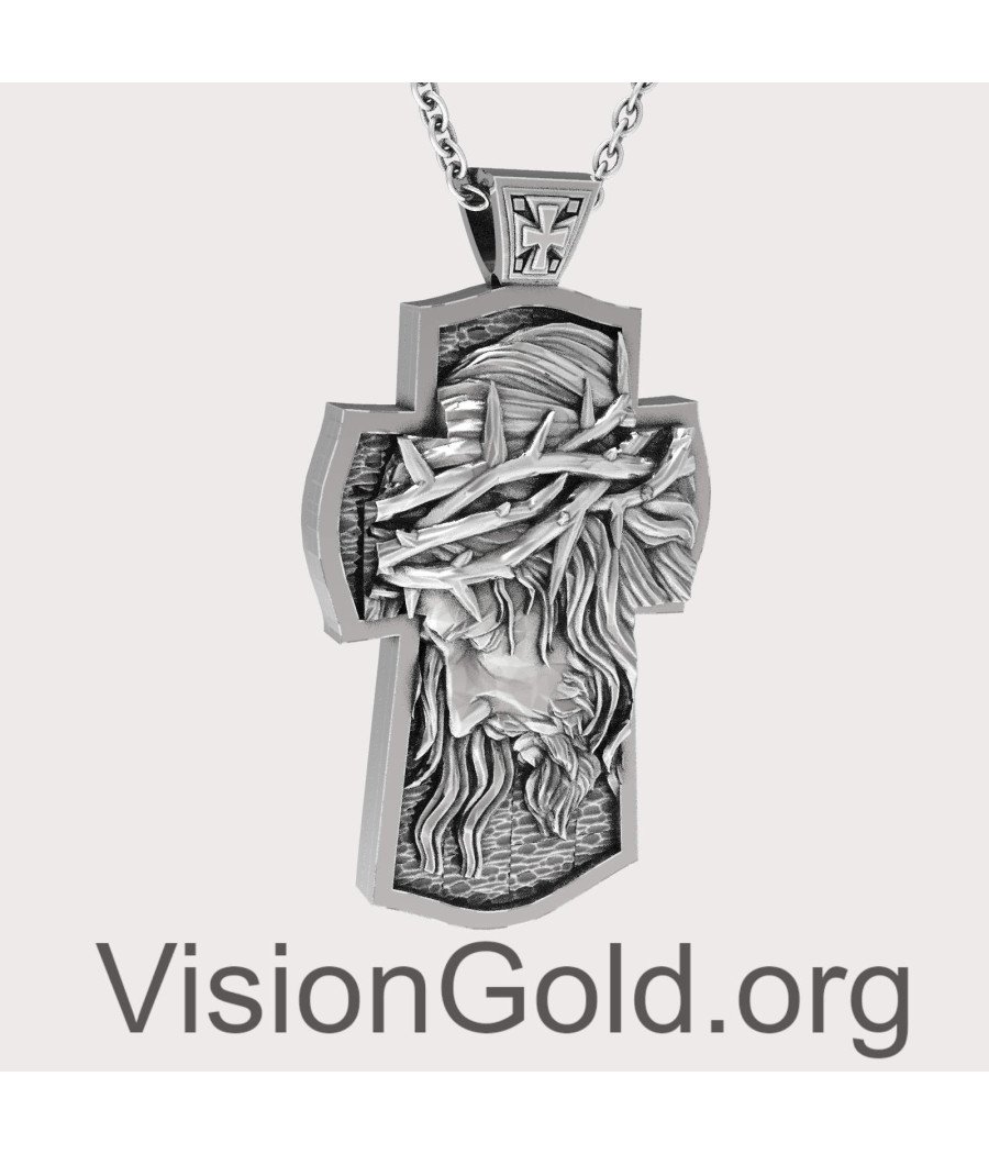 Silver Jesus Face Crucifix Necklace - Christ Jesus Cross