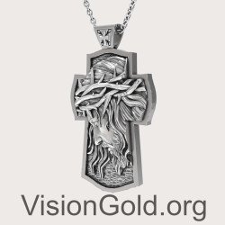 Silver Jesus Face Crucifix Necklace - Christ Jesus Cross