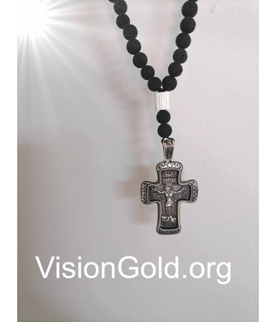 Ασημένιο Ανδρικό Κολιέ Ροζάριο Με Μαύρες Πέτρες Λάβα 0020a
