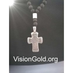 Black Lava Black Stone Rosary Necklace - Christian Cross Necklace 0020a