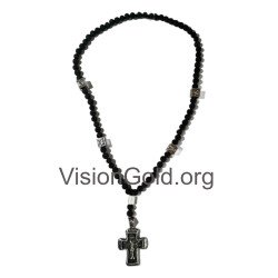 Ασημένιο Ανδρικό Κολιέ Ροζάριο Με Μαύρες Πέτρες Λάβα 0020a