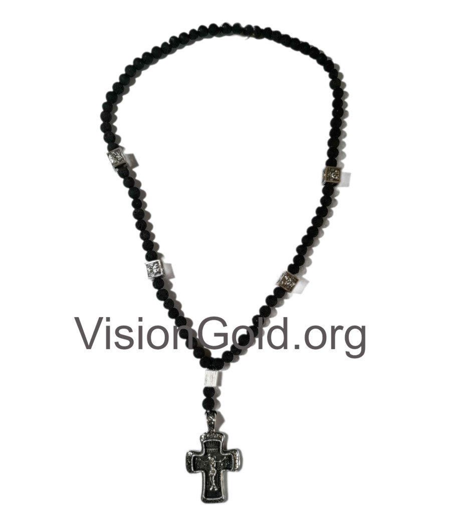 Black Lava Black Stone Rosary Necklace - Christian Cross Necklace 0020a