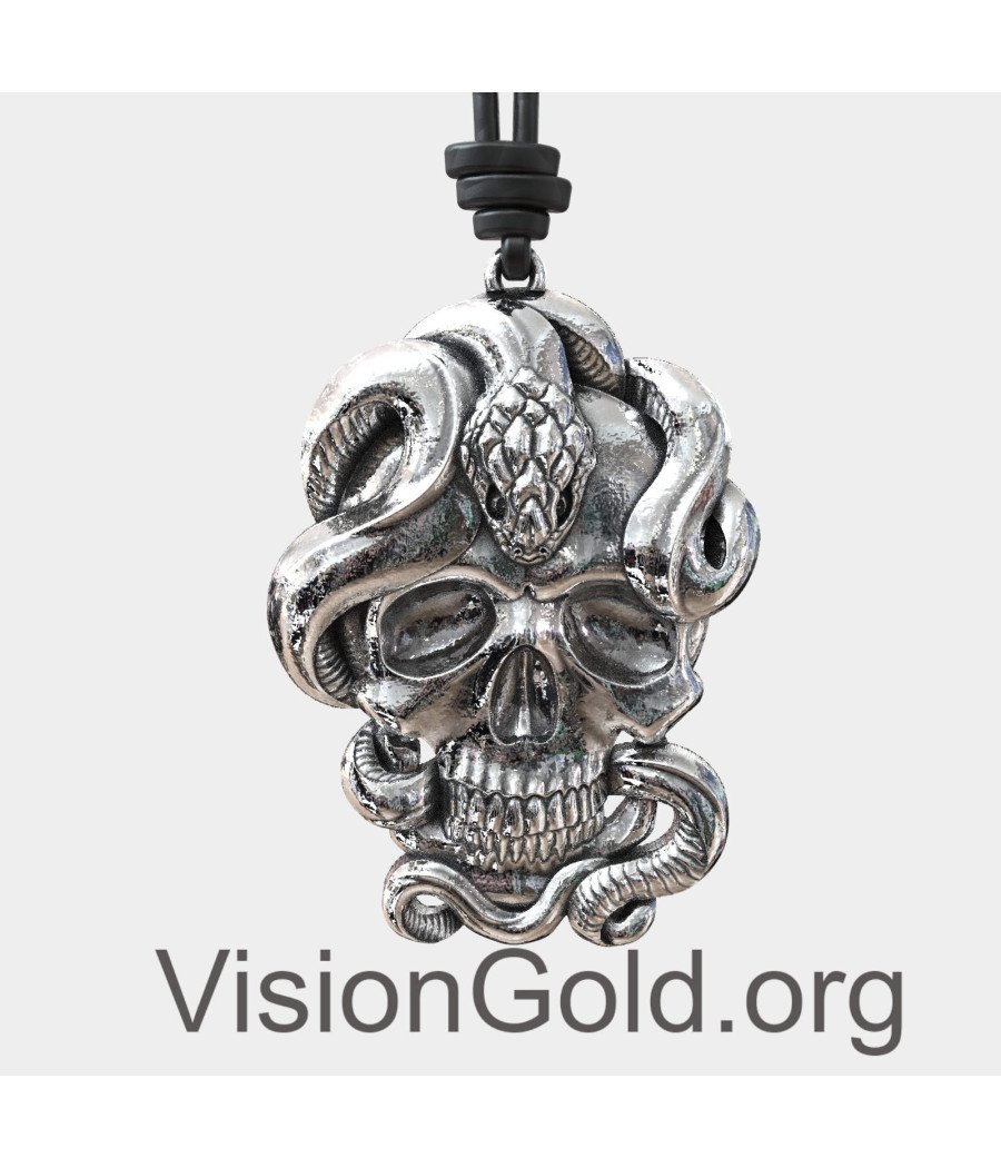 Skull with Snake Silver Necklace Pendant 0307