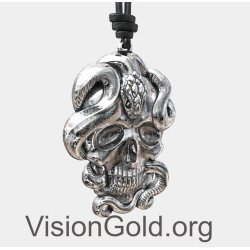 Skull with Snake Silver Necklace Pendant 0307