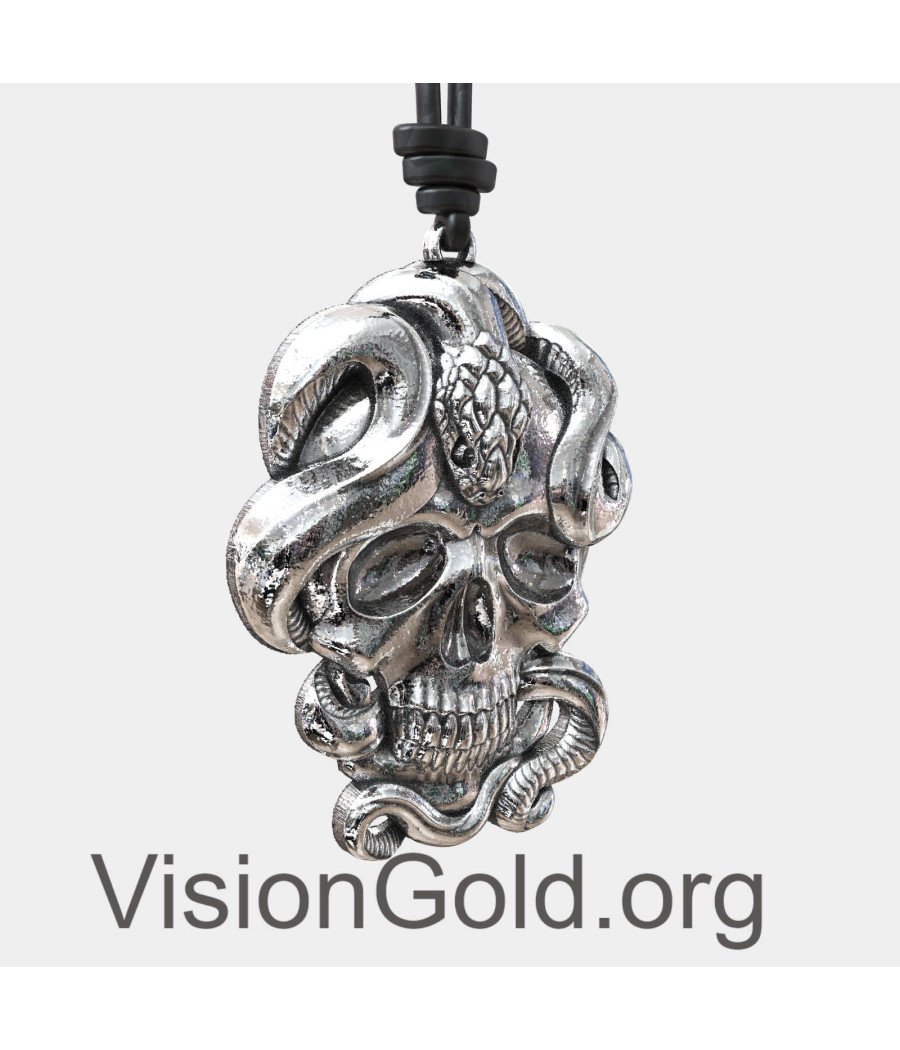 Skull with Snake Silver Necklace Pendant 0307