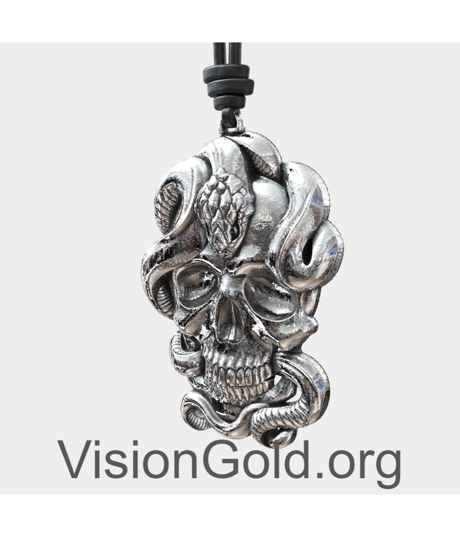 Skull with Snake Silver Necklace Pendant 0307