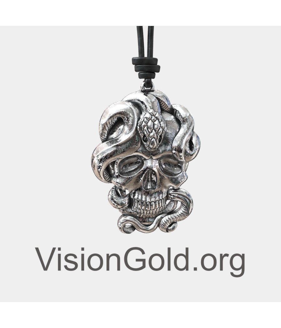 Skull with Snake Silver Necklace Pendant 0307