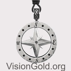 Silver North Star Compass Necklace - Mens Silver Compass Pendant 0312