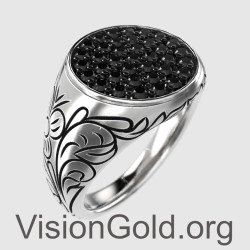 Мужское кольцо Шевалье с гравировкой Signet и черными камнями 0055