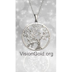 White Gold Silver Women's Necklace Tree Of Life 0771L