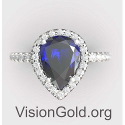 Weißgold Klassischer Damen Tränenring 14 Karat Blaustein Ring