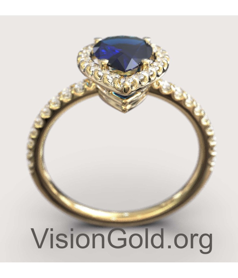 Klassischer Halo-Ring mit blauem Stein in Gelbgold 149KMP