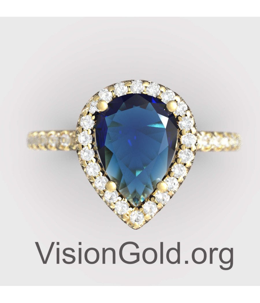 Klassischer Halo-Ring mit blauem Stein in Gelbgold 149KMP