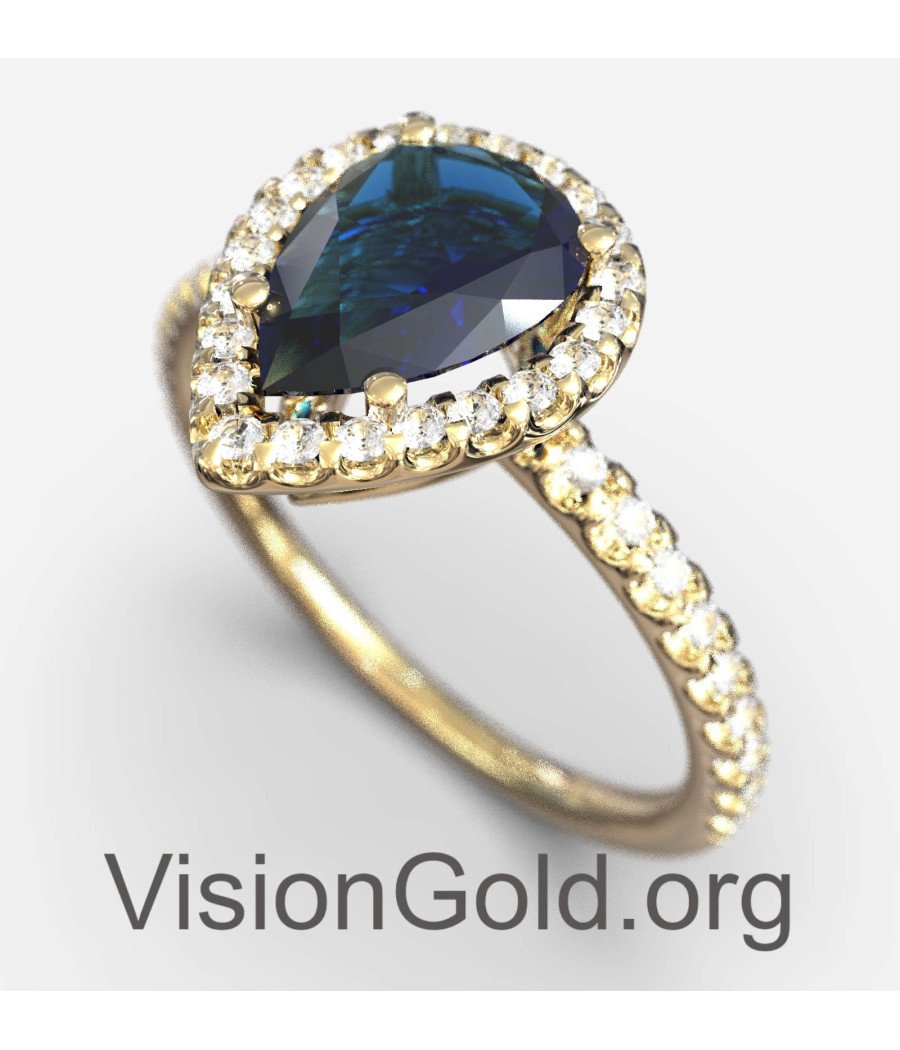 Klassischer Halo-Ring mit blauem Stein in Gelbgold 149KMP