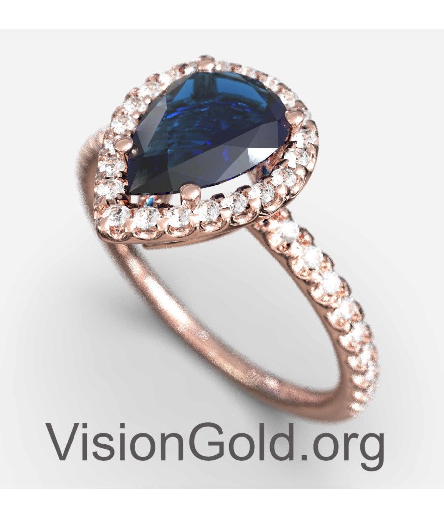 Pink Gold Pear Shaped Blue Genius Sapphire Engagement Ring