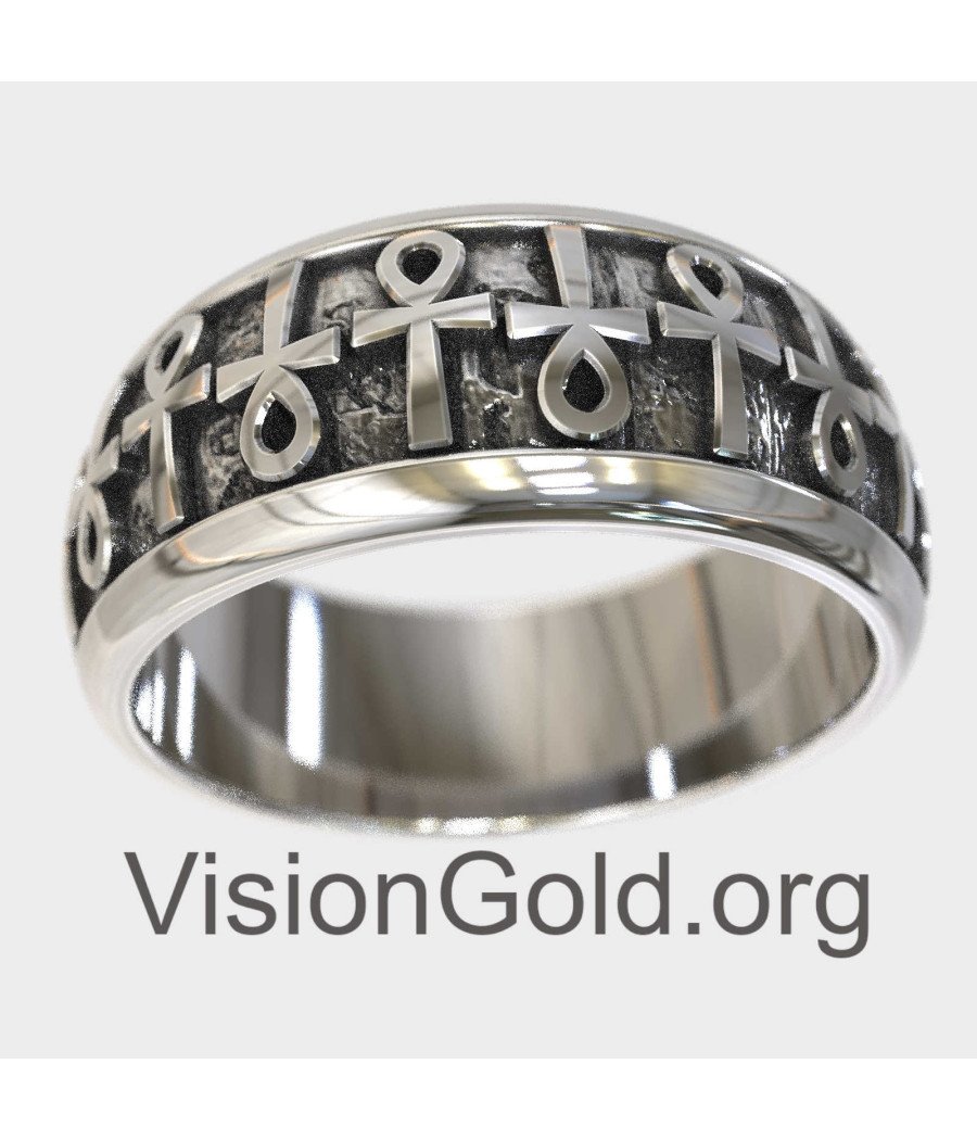 Egyptian Silver Wedding Ring With Ankh Cross 0754