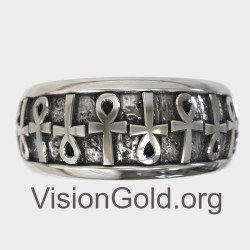 Egyptian Silver Wedding Ring With Ankh Cross 0754