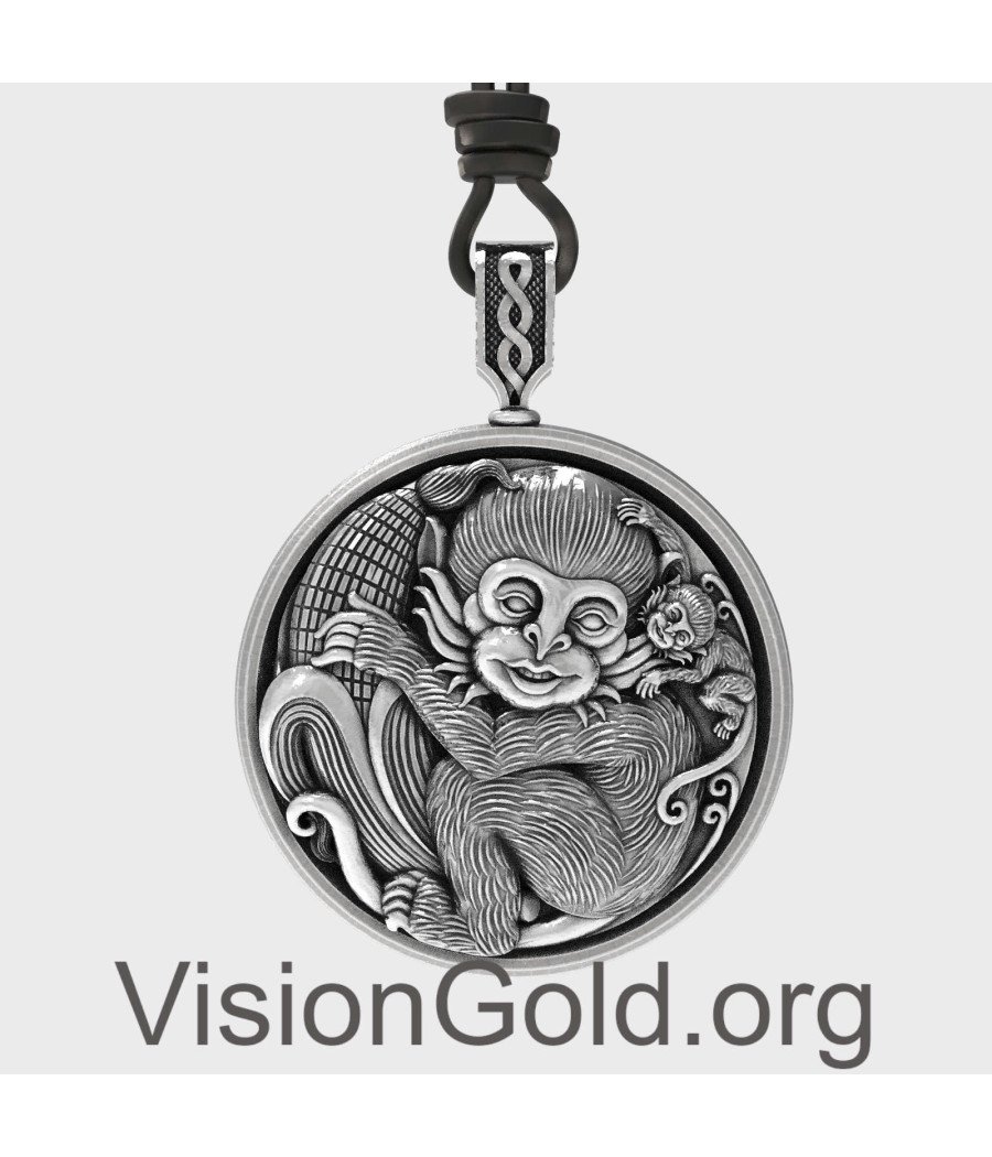 Ethnic Silver Mother Monkey and Her Baby Necklace 0335