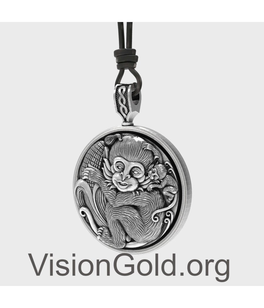 Ethnic Silver Mother Monkey and Her Baby Necklace 0335