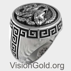 Gorgon Medusa Handmade Greek Key Signet Ring 0795