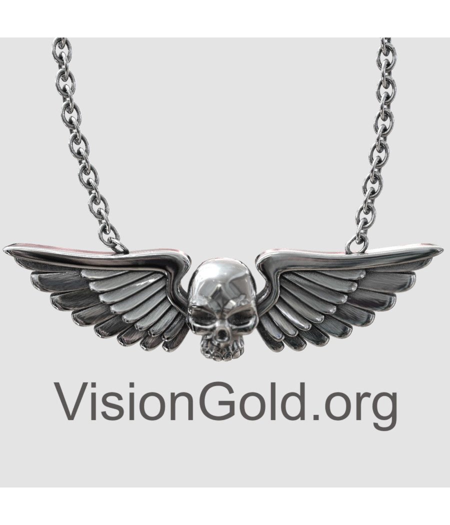 Skull with Wings Silver Mens Necklace 0344