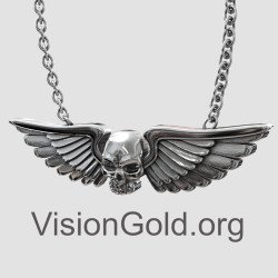 Skull with Wings Silver Mens Necklace 0344