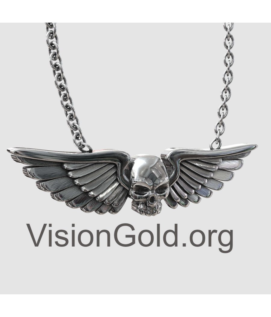 Skull with Wings Silver Mens Necklace 0344