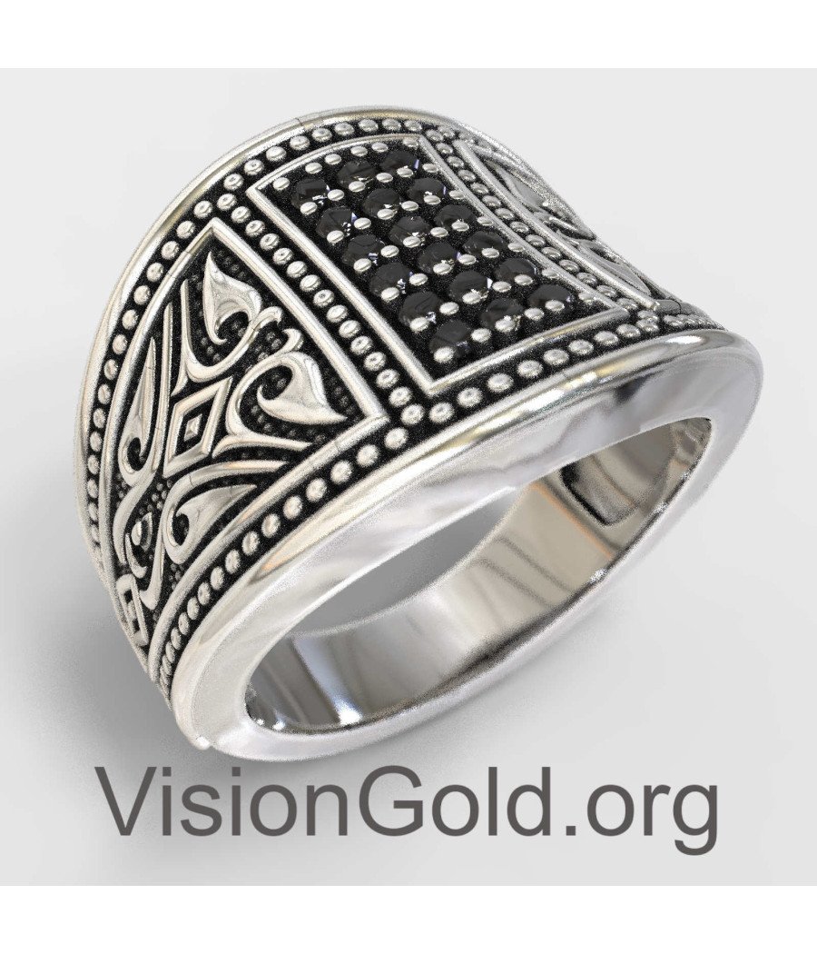 Ασημένιο Ανδρικό Δαχτυλίδι Με Μαύρες Πέτρες 0006