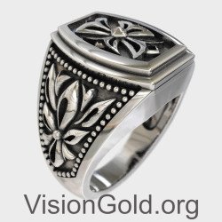 Мужское кольцо с печаткой из серебра ручной работы с крестом 0010