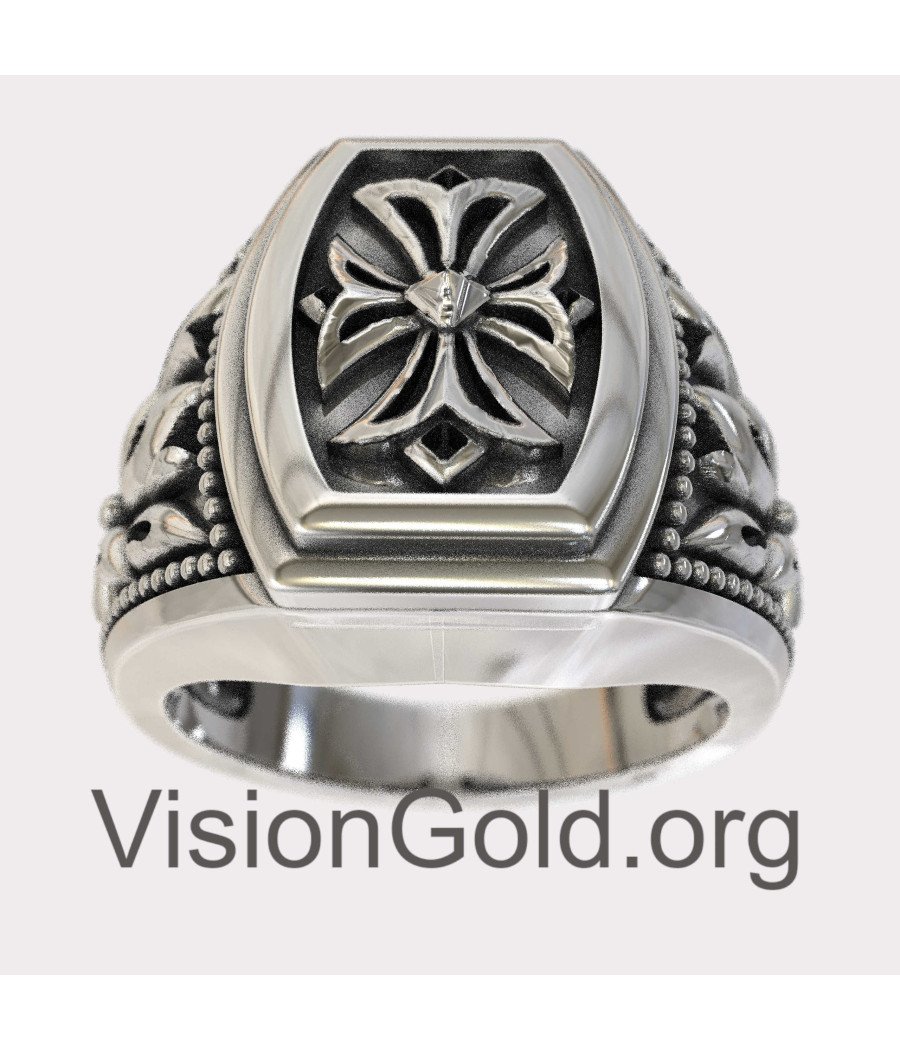 Мужское кольцо с печаткой из серебра ручной работы с крестом