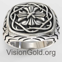 Кольцо с крестом веры из окисленного серебра с гравировкой 0008