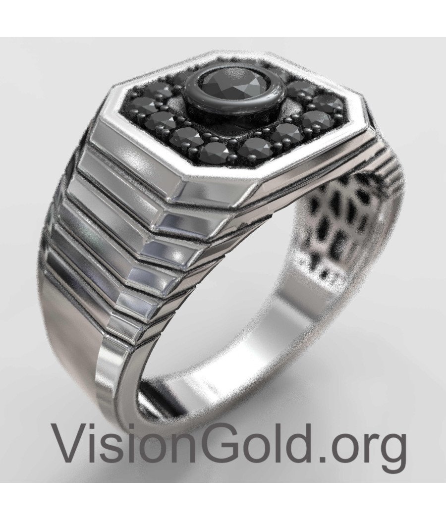 Впечатляющее мужское кольцо с черными камнями 0033