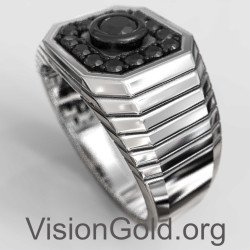 Впечатляющее мужское кольцо с черными камнями 0033