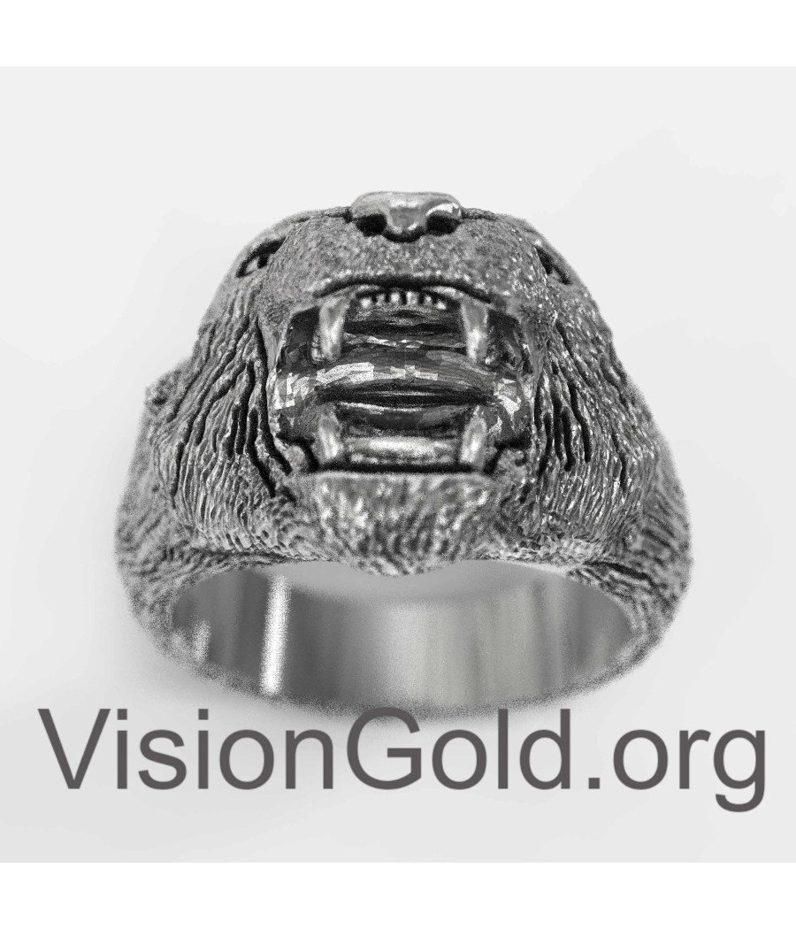 Tiger Head Silver Men Ring 0037