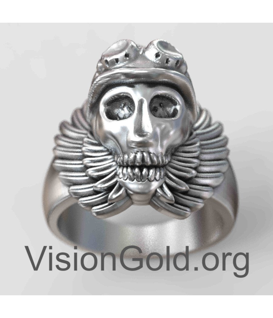 Εντυπωσιακό Ανδρικό Δαχτυλίδι Νεκροκεφαλή Με Φτερά 0040