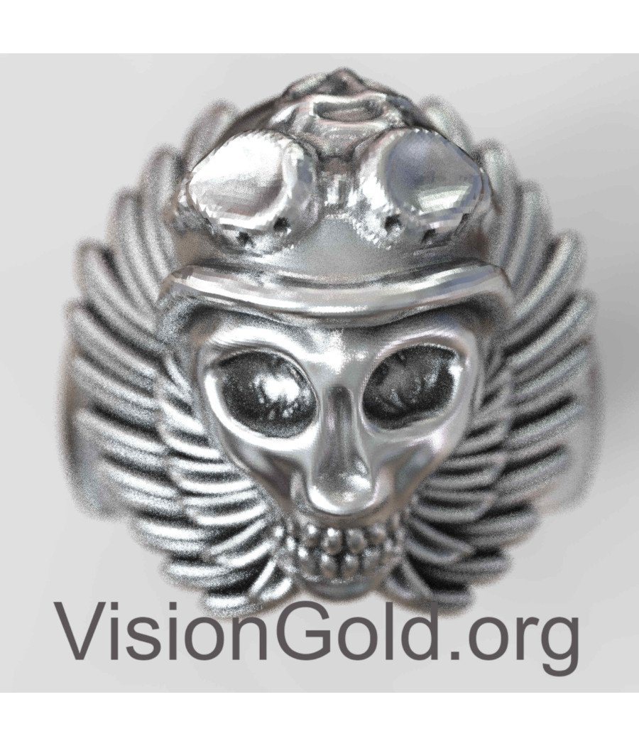 Серебряное мужское кольцо с крылатым черепом 0040