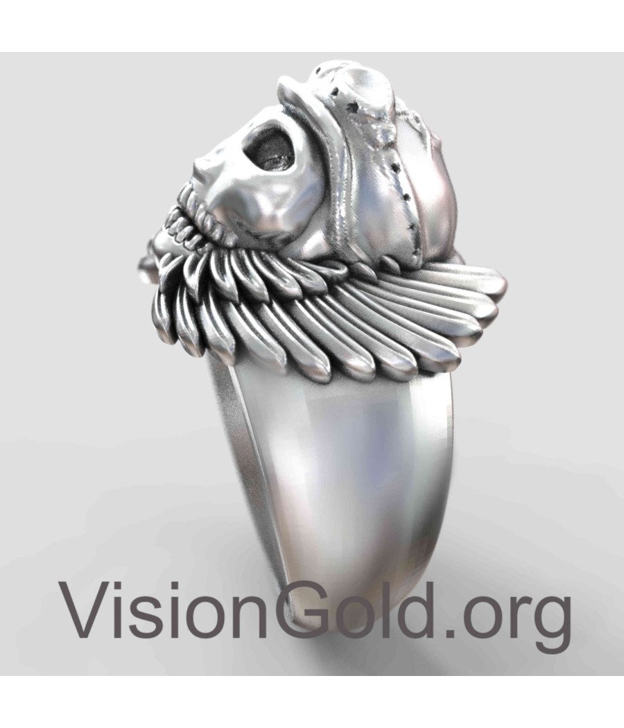 Серебряное мужское кольцо с крылатым черепом 0040