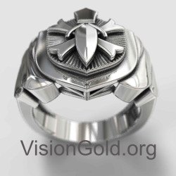 Signet Shield and Sword Silver Mens Ring 0049