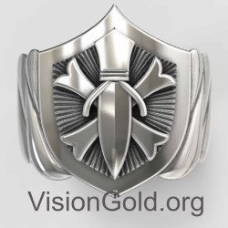 Ασημένιο Ανδρικό Δαχτυλίδι Σφραγίδα Ασπίδα Και Σπαθί 0049