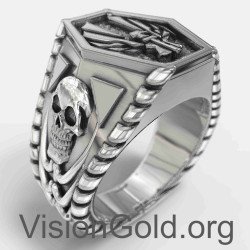 Серебряное мужское кольцо с черепом и байкером 0068