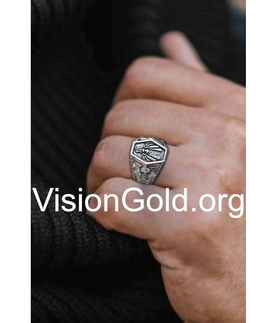 Серебряное мужское кольцо с черепом и байкером 0068