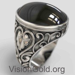Мужское кольцо с черным ониксом и серебряным кольцом с печаткой 0077