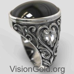 Ασημενιο Ανδρικο Δαχτυλιδι Με Μαυρη Πετρα 0077